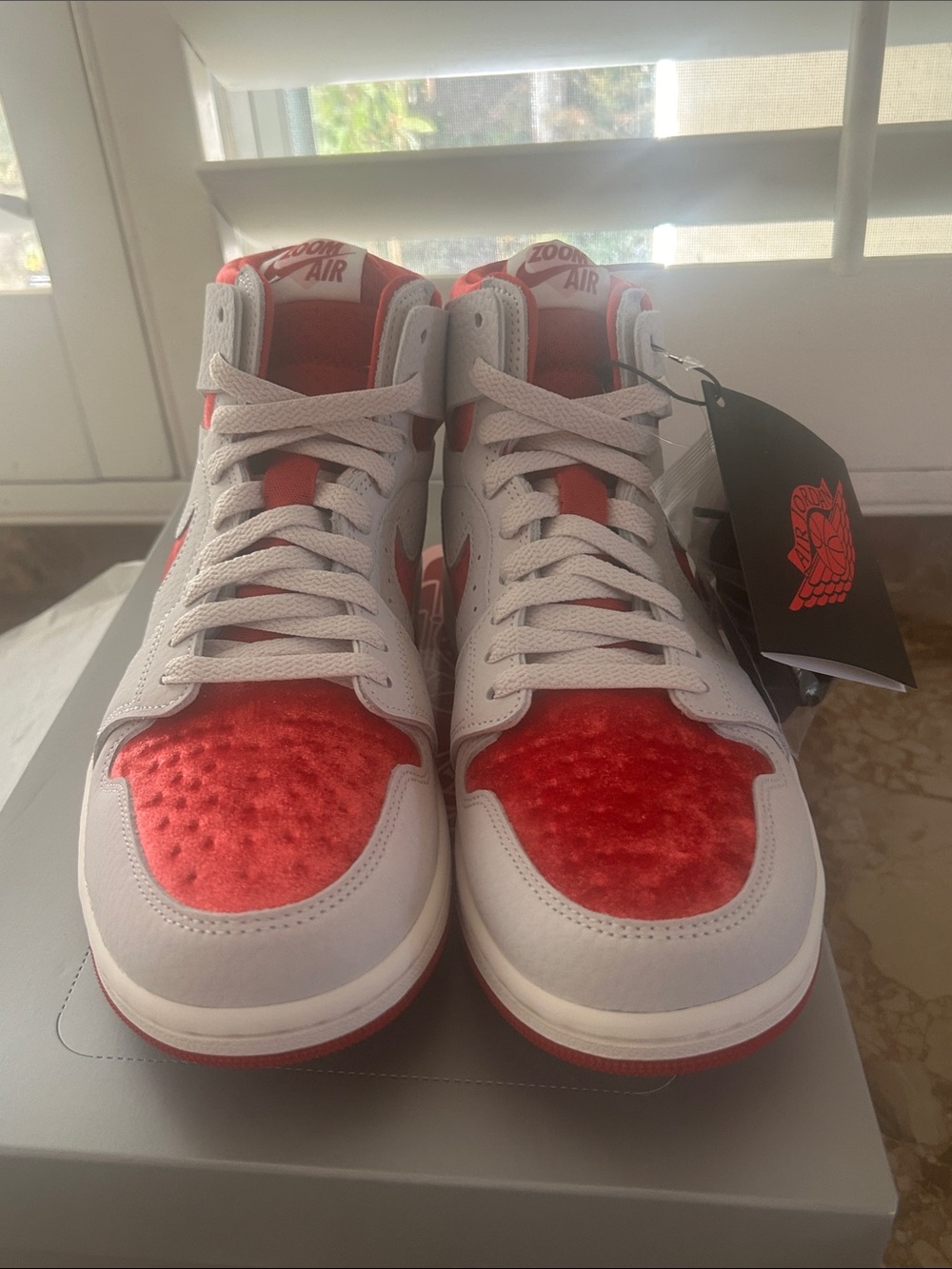 BNIB Nike Jordan BNIB Gray Shoe Box with red  Logo Accent Womens 8.5 - Picture 3 of 15